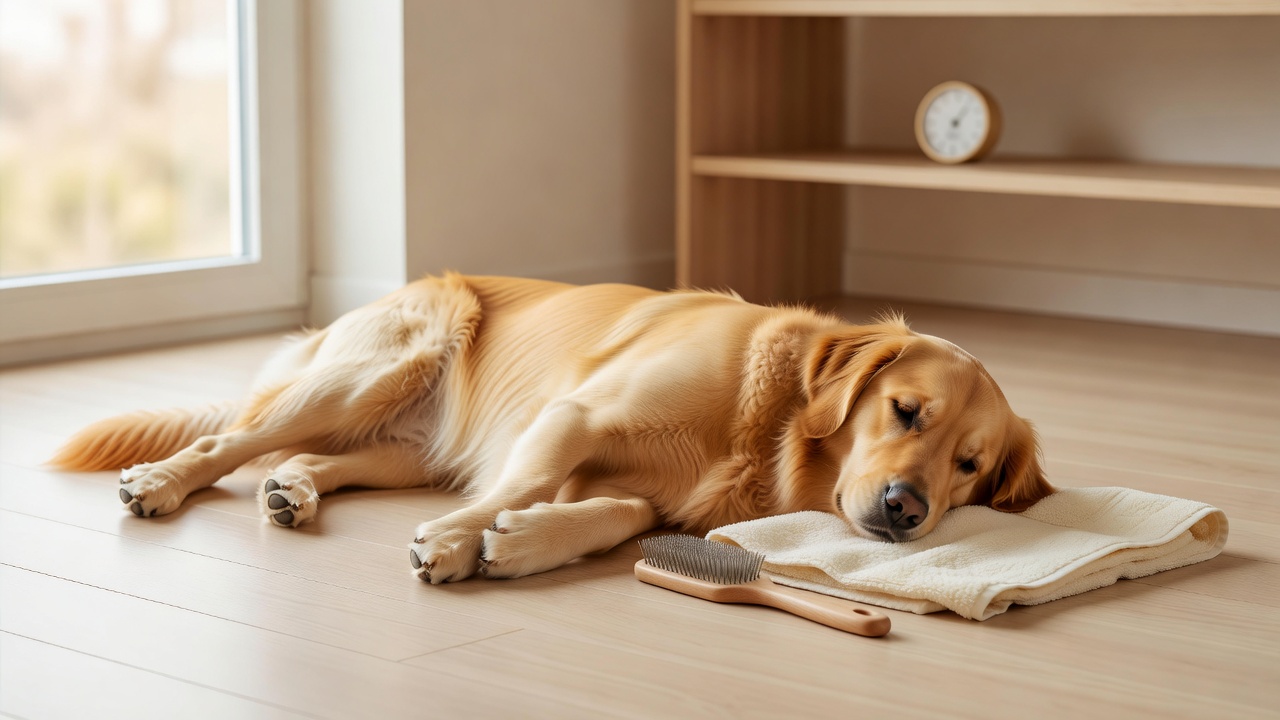金毛犬在夏日树荫下被主人用针梳梳理毛发的近景照片