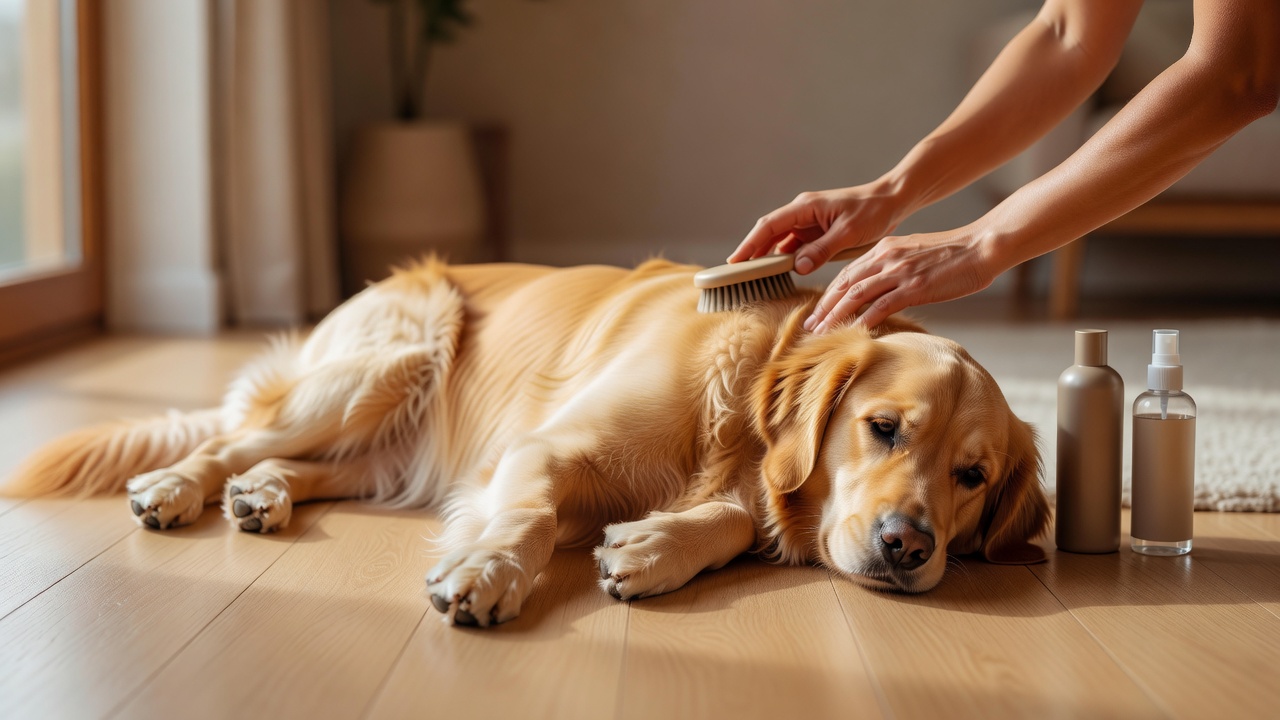 主人为金毛犬梳理背部被毛，旁边摆放犬用香波与保湿喷雾，背景是温暖室内