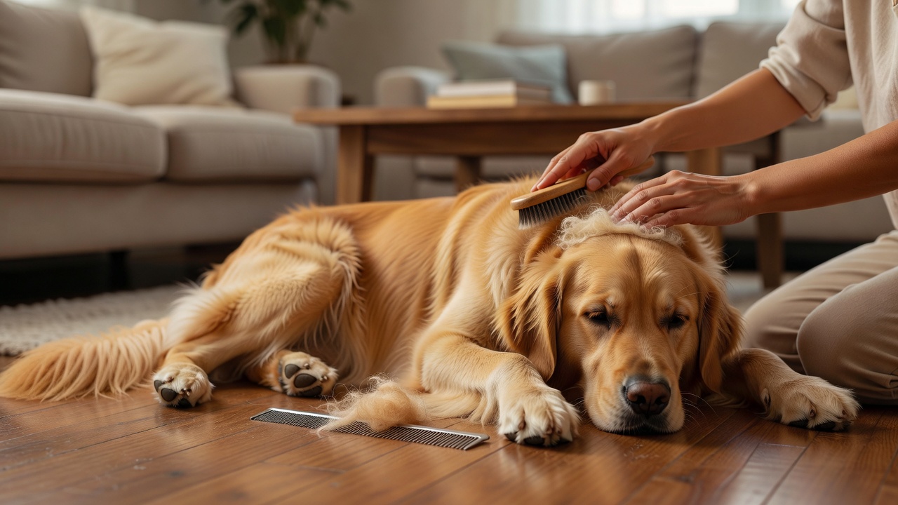 金毛犬趴在木地板上接受梳理，梳子旁散落着灰白色底绒